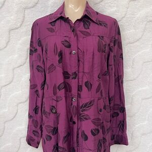 Greece Women's Plum Leaf Print Button Up Long Sleeve Shirt Blouse Size M Fairy